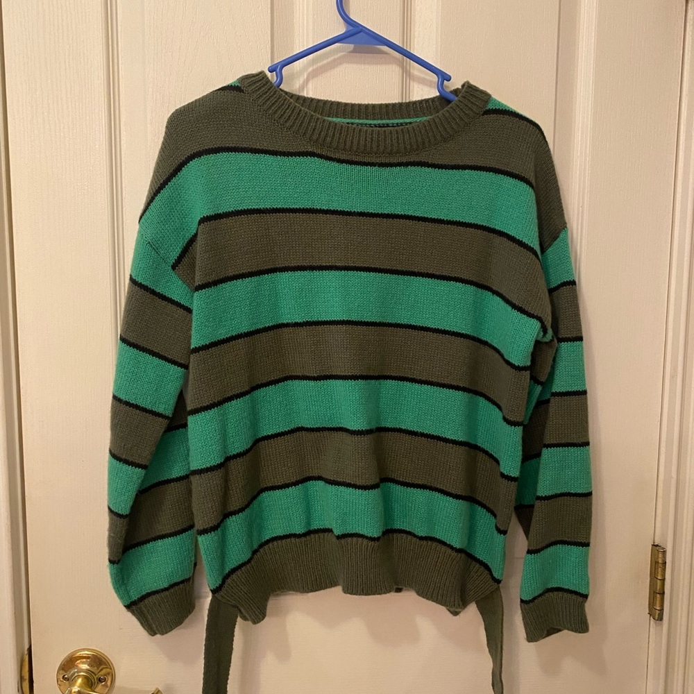 Striped Green and Black Women's Sweater with Bottom Sash Size Small
